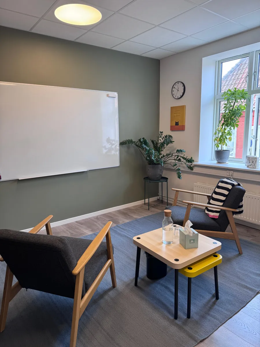 Behandlingsrummet i klinikken i Helsingør med to lænestole, et lille bord og grønne planter